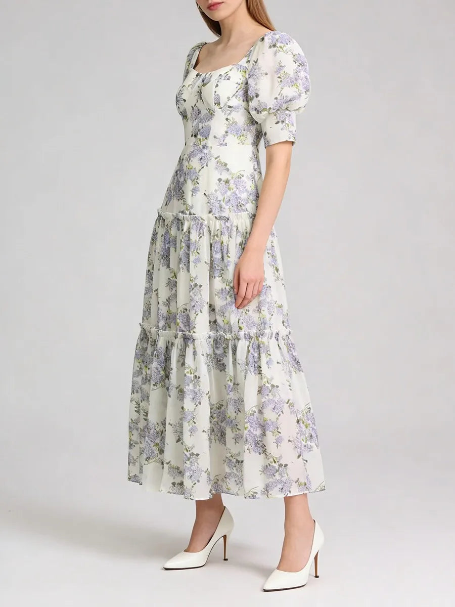 Purple floral lace-up back maxi dress front view