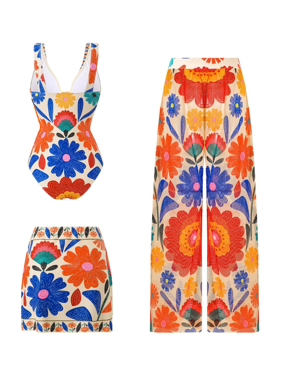 Trend4us Tropical Floral One-Piece Swimsuit & Cover-Up 3-Piece Set back view