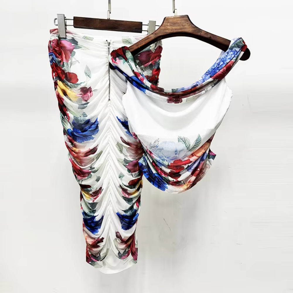 Trend4us Off-Shoulder Draped Top &amp; Ruched Skirt Set back view