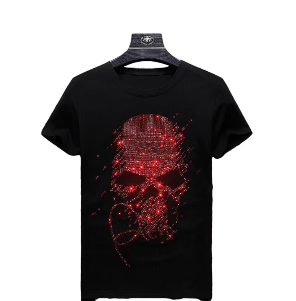 Trend4us Luxe Red Rhinestone Streetwear Skull Graphic Tee in black