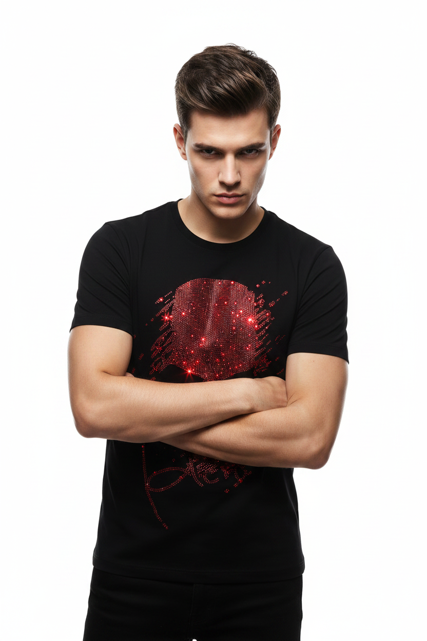 Trend4us Luxe Red Rhinestone Streetwear Skull Graphic Tee in black front view