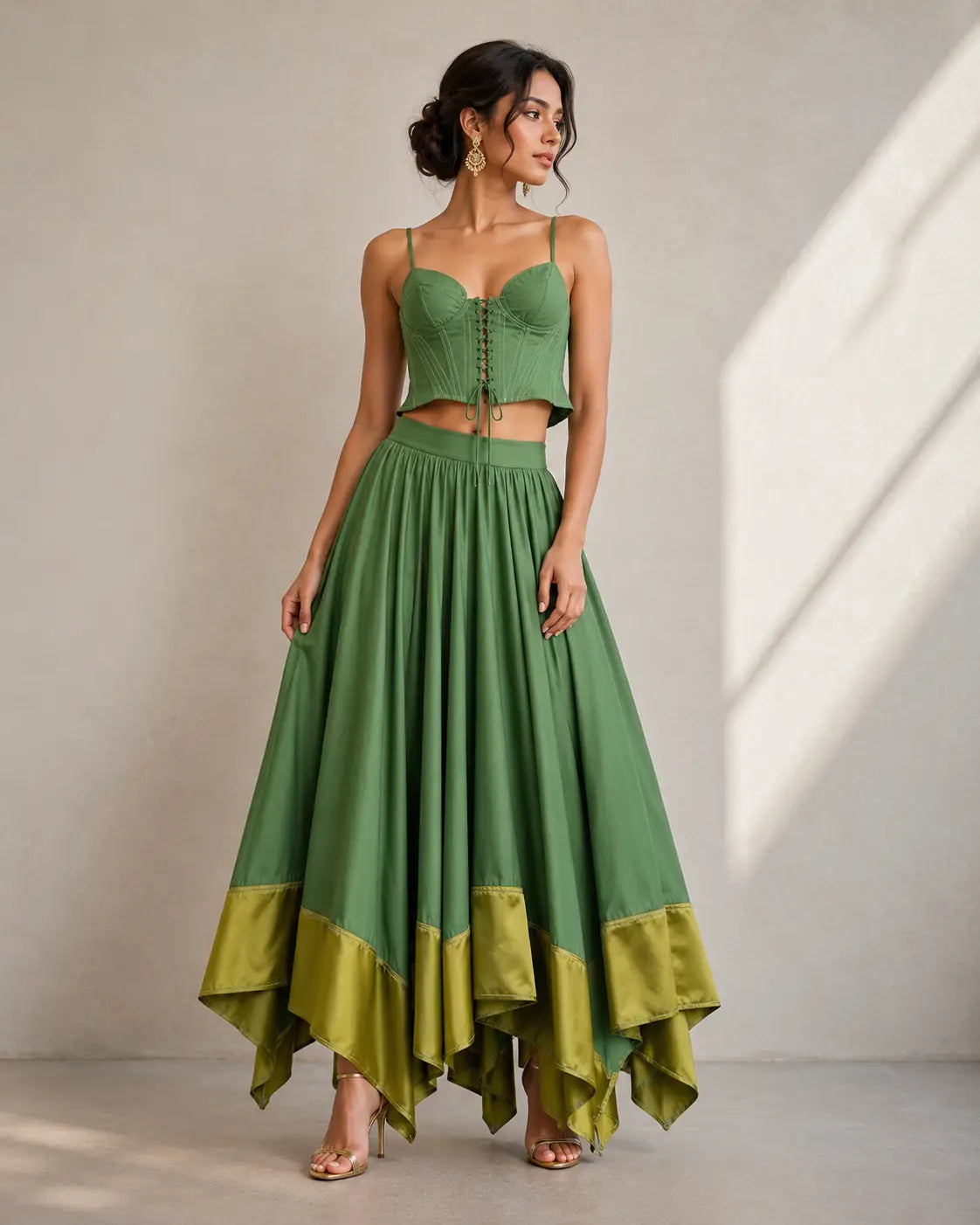 Trend4us Vintage Corset Crop Top & Satin Hem Maxi Skirt Set