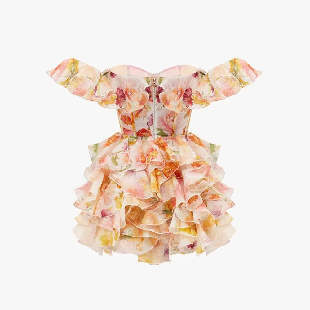 Trend4us Luxe Floral Ruffle Off-Shoulder Mini Dress back view