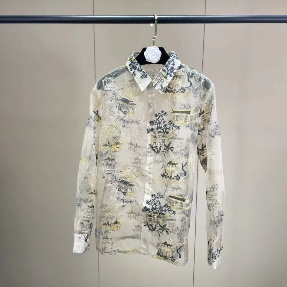 Trend4us Luxe Sheer Organza Embroidered Scenic Blouse