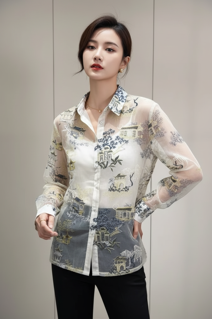 Trend4us Luxe Sheer Organza Embroidered Scenic Blouse