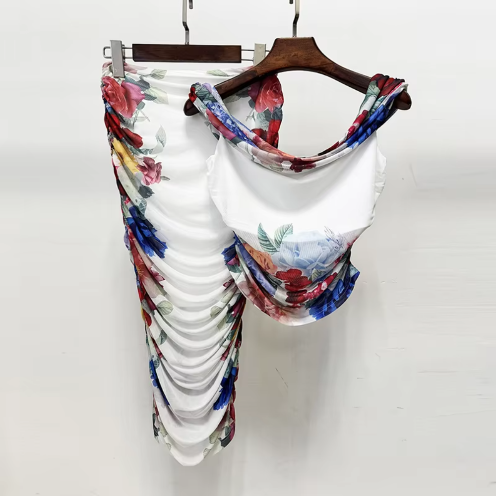 Off-Shoulder Draped Top &amp; Ruched Skirt Set