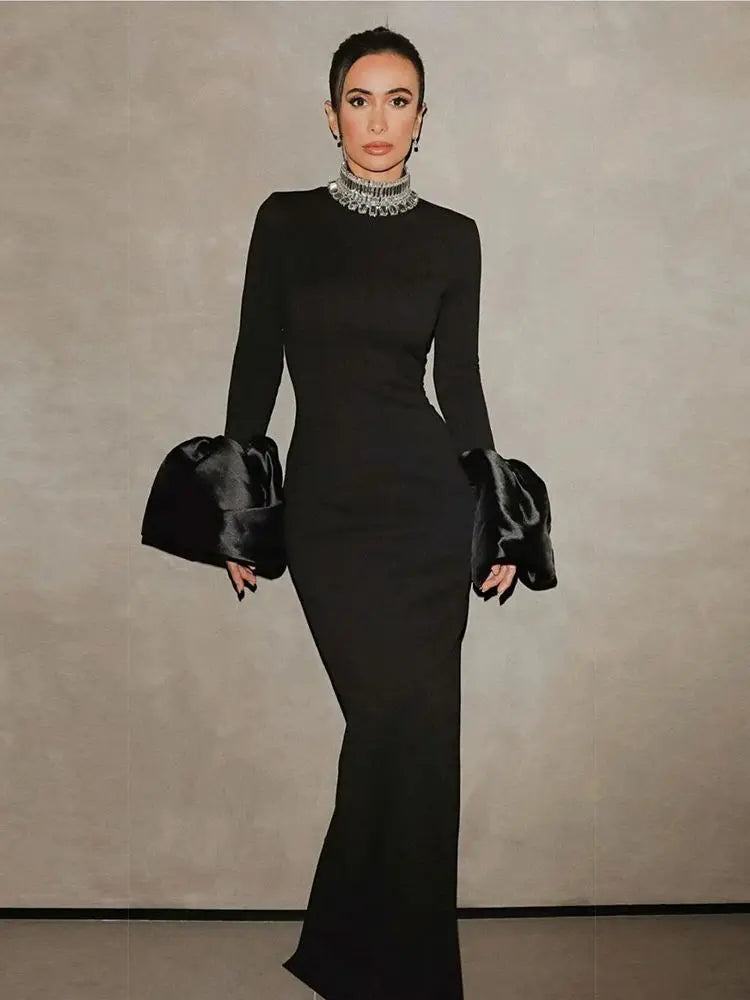 Trend4us Elegant Black Crystal Maxi Gown